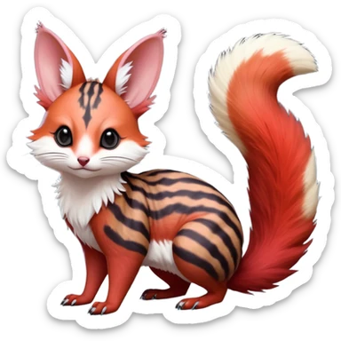  hyper-realistic sanguine-red black-streaked natural realistic divine beautiful elegant pretty precious cute young youthful  Fakémon-Pokémon-alien-opossum-squirrel-feline-serval-caracal-chinchilla-Minccino-hybrid-creature with a big fluffy bushy tail (full body) sticker