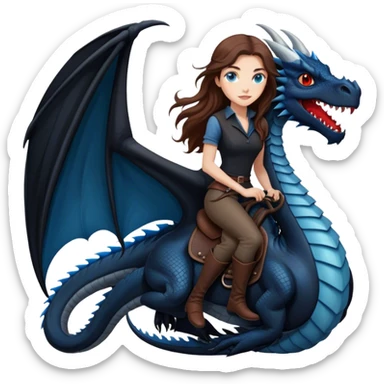 Me, a white female with long brown hair, and blue eyes, riding a very black wyvern dragon with hints of red, to your work sticker
