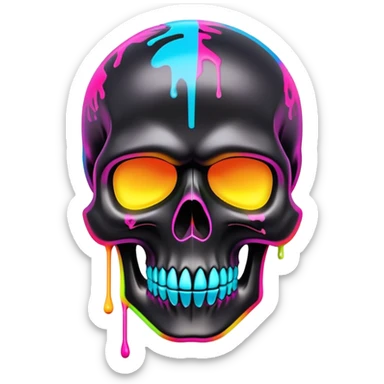 sleek black skull with vibrant neon graffiti tags and famous luxury brand logos spray painted, front view sticker