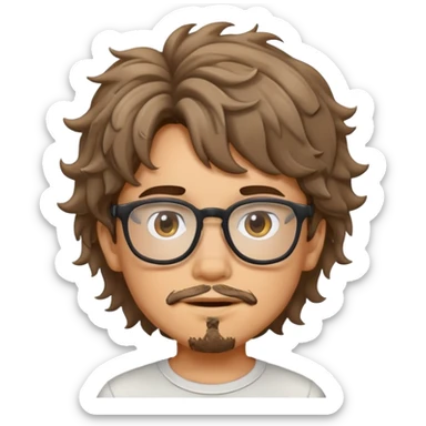 A boy with messy wavy hair and glasses, he has a small goatee sticker