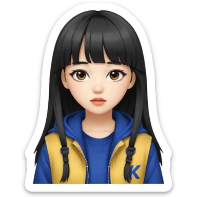 Portrait of a female K-pop idol, wearing a stylish streetwear outfit with layered clothing, long hair with bangs, makeup, cool face sticker