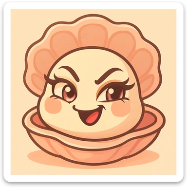 Create a version with a mischievous expression, very expressive and bright eyes, elegant eyelashes, and strongly accentuated pastel, pearly, cream, peach, and greige shades. Keep the large shell, small oyster, pastel toon style, and the background as is. sticker