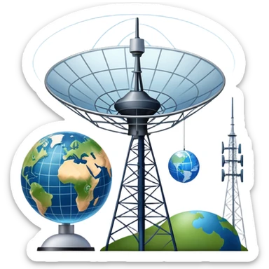 An icon featuring a satellite dish, cell tower with signal waves, and an earth, connected by lines, symbolizing telecommunications. The design includes data signals, network nodes, and a mobile device, representing global digital communication. Transparent background sticker