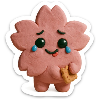 baby pink cherry blossom flower with teary eyes and a mischievous smile, hiding snacks behind its back, soft chubby body, kawaii face, claymation style sticker
