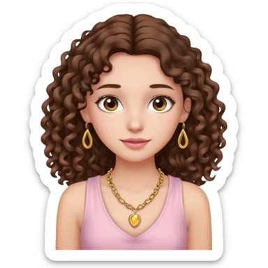 crée moi une jeune fille très belle avec les cheveux bouclés long brune avec un top  sans manche de couleur rose clair avec un peu de maquillage un collier en or sticker