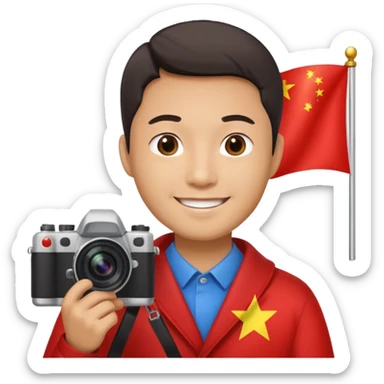 A Chinese man with a Chinese flag and a camera sticker