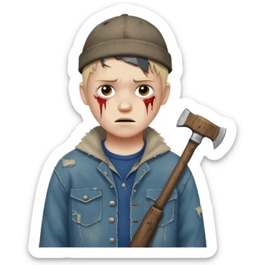 13 y/o Brian robeson at the beginning of Hatchet
distressed, has hatchet, bruised sticker