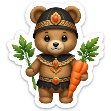 teddy bear, wearing black mayan ancient custome, with carrot half body sticker