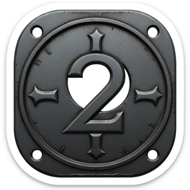 Minimal emoji, gothic metal coin made of black steel, engraved number 2 at the center, ancient industrial aesthetic, worn metal texture, no glow, no neon, flat emoji design, centered, transparent background sticker