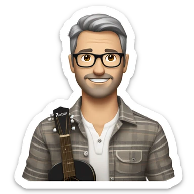 A male music teacher with short grey and brown hair, with very light stubble,  black rectangle glasses, wearing a short sleeve button up patterned shirt, muscular body type, holding a guitar sticker