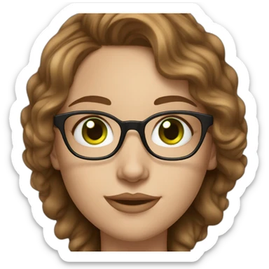 White skin, young woman, brown wavy hair, green eyes, big silver sight glasses, big nose. sticker