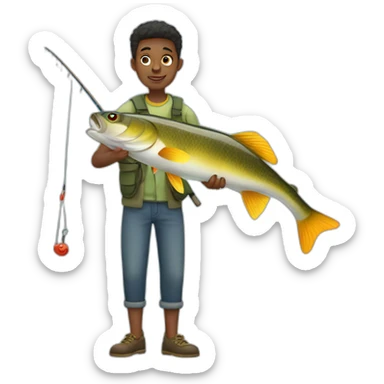 Young man fishing a big fish sticker