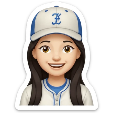 Digital illustration of a cartoon character with a big smile on its face and winking with one eye. The character has long dark hair and is wearing a white baseball cap and casual clothes. The overall style of the illustration is cute and playful. sticker