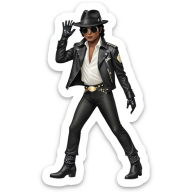 Icon for R&B Music: Michael Jackson on stage in full body, wearing his iconic concert costume—black leather jacket, sequined glove, fedora, and boots. He strikes a powerful pose, embodying the energy of R&B music. Transparent background. sticker