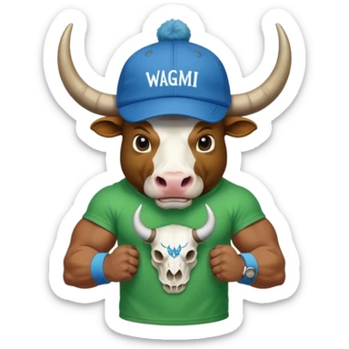 a bull wearing a green cap leveled WAGMI and wearing a blue t shirt and WAGMI designed with bulls skull and horn sticker