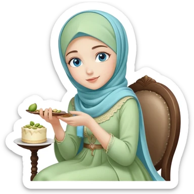 Turkish beautiful finish Konya girl blue eyes with pastel hijab long tail dress and sits on the chair and holds pistachios cake with her hand  sticker