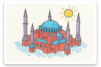 Isometric illustration of Istanbul, featuring real photorealistic Hagia Sophia with ts large central dome and four tall minarets, with real transparent background sticker