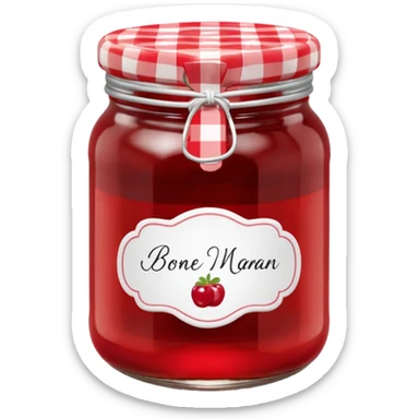 Bonne Maman jam jar, glass, red and white checkered lid, handwritten label, cute emoji style sticker
