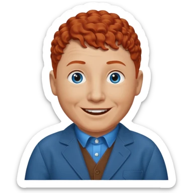 Curly Howard from the Three Stooges with blue eyes, chestnut-red hair, brown outfit sticker