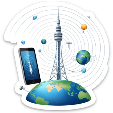 An icon featuring a communication tower with signal waves, satellites in orbit, and fiber optic cables. The design includes a smartphone and an earth with connection lines, symbolizing global communication networks. Transparent background  sticker