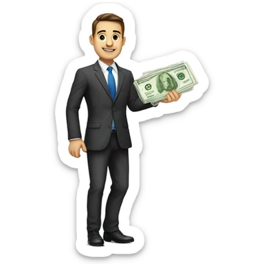 finance bro in suit holding money.  European ethnicity. full body including legs. realistic sized sticker