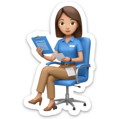 Generate an emoji of a female AI ethicist in blue shirt brown pant sitting in a chair and has a checklist stating AI ethics elements like stop bias, fairness score. I want 3d figurine sticker