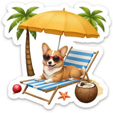 a corgi dog laied on a beach chair, a sunny beach, a sun umbrella, and beach coconut trees. the icon should capture the essence of a relaxing beach vacation with a carefree atmosphere sticker