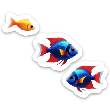 Colorful aquarium fish swimming gracefully in a crystal-clear tank. Brightly colored fish, like neon tetras, angelfish, and bettas, glide past vibrant coral, plants, and rocks. Soft light filters through the water, creating a peaceful, serene atmosphere. Transparent background. sticker