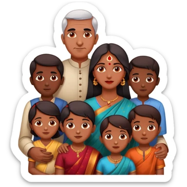 An Indian mother and father, the mother has a circular red spot on her forehead, and the two are sorrounded my 8 indian kids sticker