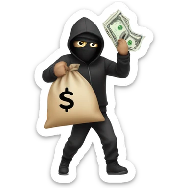 Robber running with a bag that has a dollar sign on it sticker