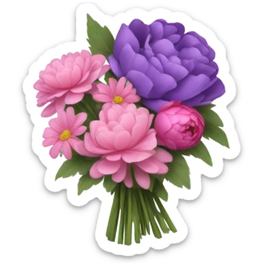 A still-life painting style: a violet book with a bouquet of pink daisies and dark pink peonies, candlelight illuminating the scene. sticker