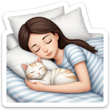 side view Brunette teenage girl sleeping with white cat that has beige stripes on a white pillow with white sheets sticker