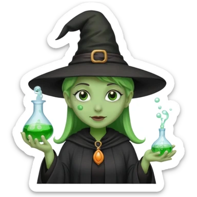 Witch with Green Skin – long-nosed witch in black hat holding potion sticker