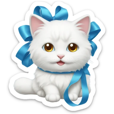 Thick fur white cat cute with soft blue ribbon on her head sticker