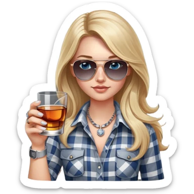 girl with long blond hair, wearing grey/white plaid shirt, with blue eyes and aviator sunglasses, wearing a ring on her silver necklace around her neck, holding a glass of whiskey, wearing rose gold apple watch sticker