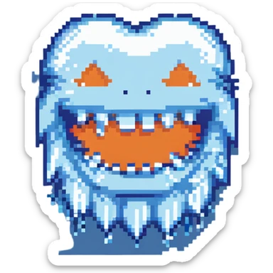 Pixel art blue freezing face with chattering teeth and ice crystals sticker