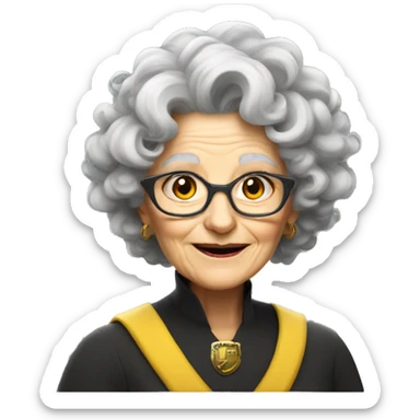 older woman with white skin, grey curly and wild hair, a magic hat, hufflepuff sticker