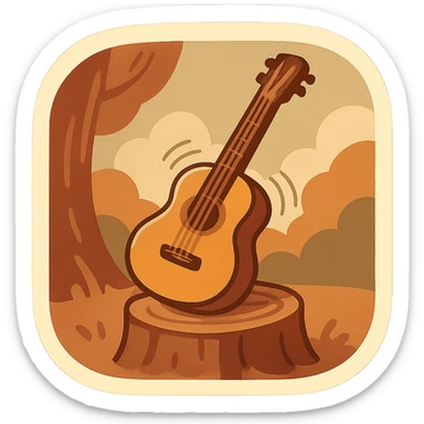 animated guitar gently vibrating resting on a tree stump, retro vintage style, cozy acoustic aesthetic, warm muted colors, subtle grain, soft lines, 112x112px, smooth loop, nostalgic analog mood sticker