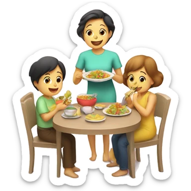 A baby in the kids chair and his mom and dad are eating helsi food  by the table  sticker