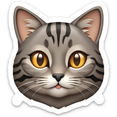 cinematic-cute-grey-and-black-brown-tabby-cat-portrait-emoji,-head-tilted-playfully-and-inquisitively,-sleek-grey-brown-fur-with-bold-black-tabby-stripes-and-a-distinctive-m-shaped-marking-on-the-forehead,-sparkling-amber-eyes,-simplified sticker