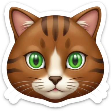 a brown cat with a white chin and white cheeks but striped and green eyes much fur and darker brown sticker
