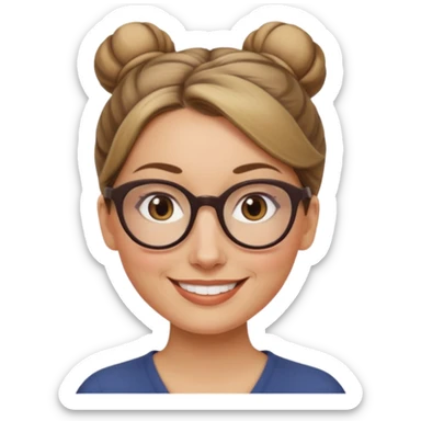 femme de 38 ans avec des cheveux tirés vers l'arrière blond foncé sans mèche devant, un chignon haut, yeux bruns, lunettes rondes, visage ovale sticker