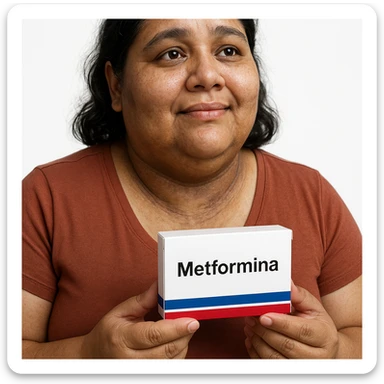 Hyperrealistic 4K vertical 9:16 image of a woman with signs of insulin resistance (acanthosis nigricans, slight overweight), holding a box of Metformin with the word 'Metformina' clearly visible and realistic, hopeful expression, white isolated background. sticker