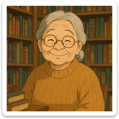 ghibli style elderly smiling librarian granny, warm expression, glasses, cozy sweater, surrounded by books sticker