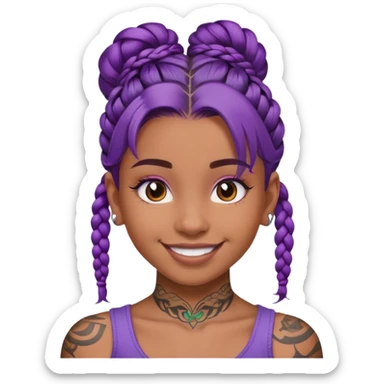 Con gái, 15 tuổi, cười mỉm, da nâu, tóc tím tết tóc cuốn lọn trên đầu, xăm trên mặt sticker