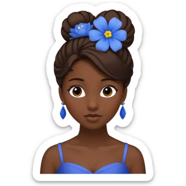 tạo cho tôi emoji tạo hình của công chúa da đen tóc nâu búi tóc 1 bên trên đỉnh đầu, cô ý cài hoa màu xanh sticker