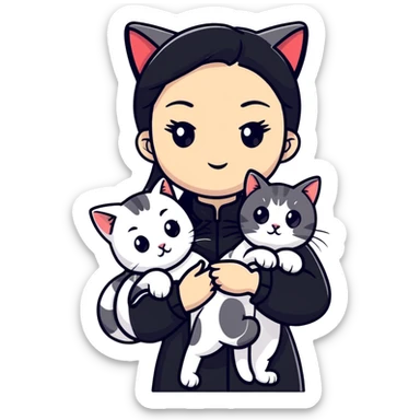 Young woman in black clothes with a Chinese domestic cat sticker