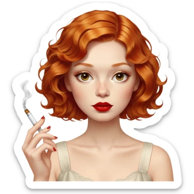 Alluring ginger 1870's French girl french shiny wavy textured bob haircut tousled hair red lips smoking cigarette sticker