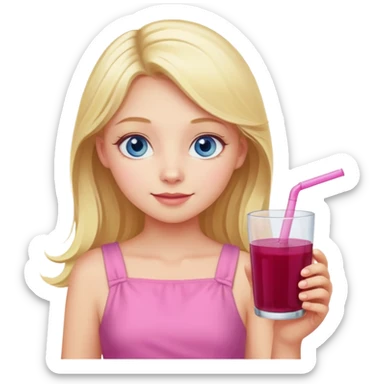 blonde girl with blue eyes in a pink dress sipping elderberry juice cheerful expression sticker