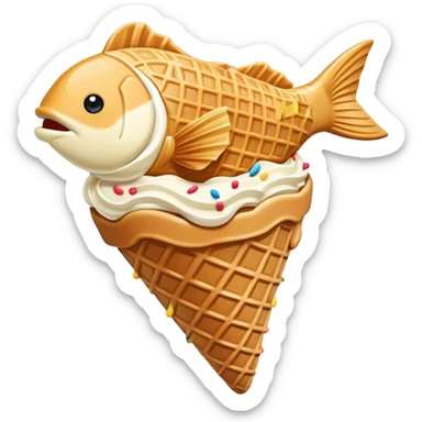 Taiyaki ice cream cone, fish-shaped waffle with soft serve sticker